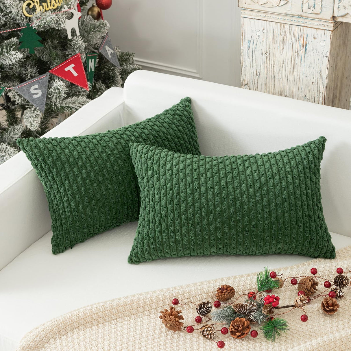 Holzlrgus Fall Set of 2 Striped Textured Velvet Corduroy Decorative Europe Sham Seasonal Autumn Throw Pillow Cushion Cover for Couch, (60x60 cm, 24inch), Burnt Brick 12 x 20-Inch Sage Green