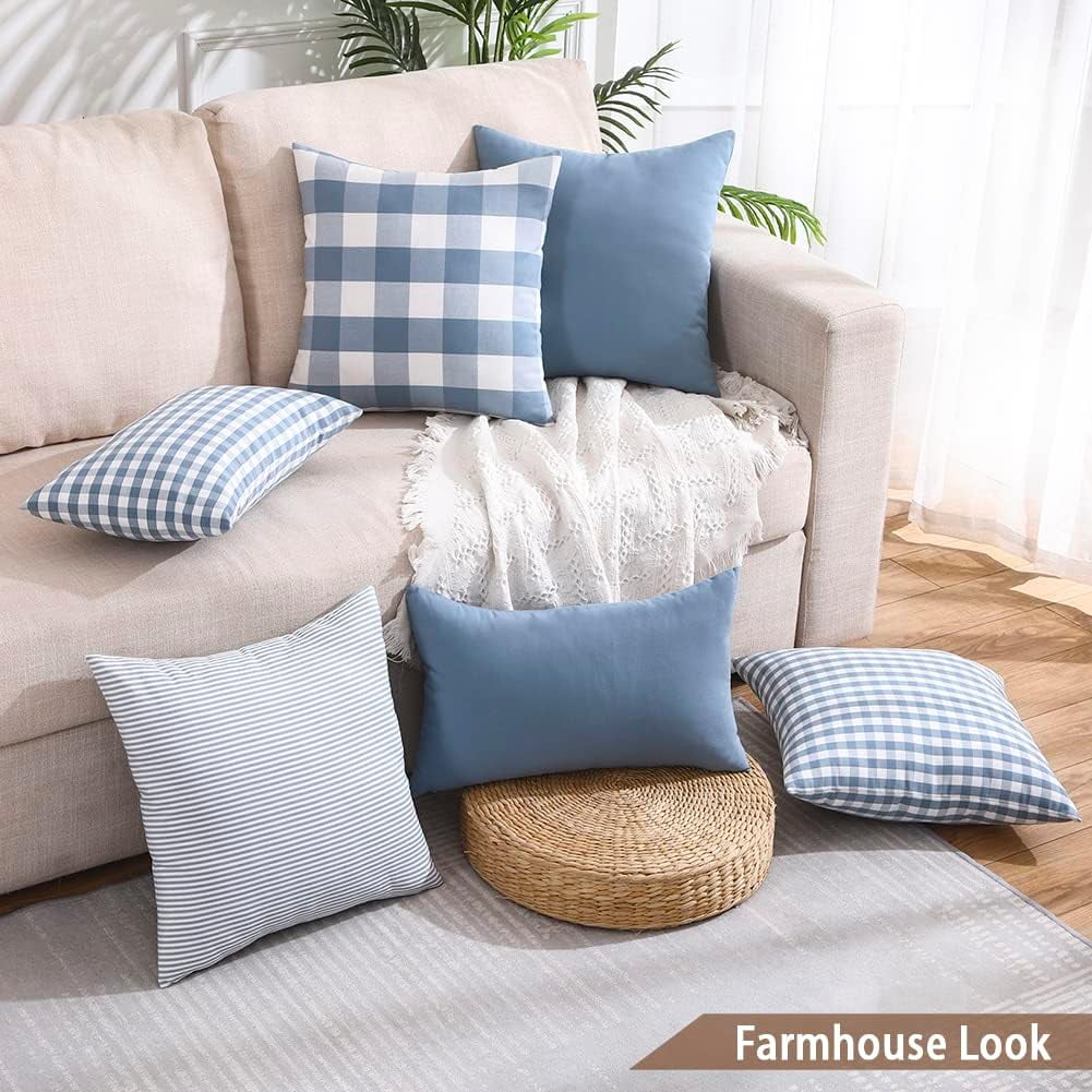 Light Blue Farmhouse Buffalo Plaid Pillow Covers 18x18 Set of 2 Patio Outdoor Decor Neutral Checkered Pillow Covers 18 x 18, Blue and White Gingham Pinstripe 18"x18", Set of 2 Greyish Blue