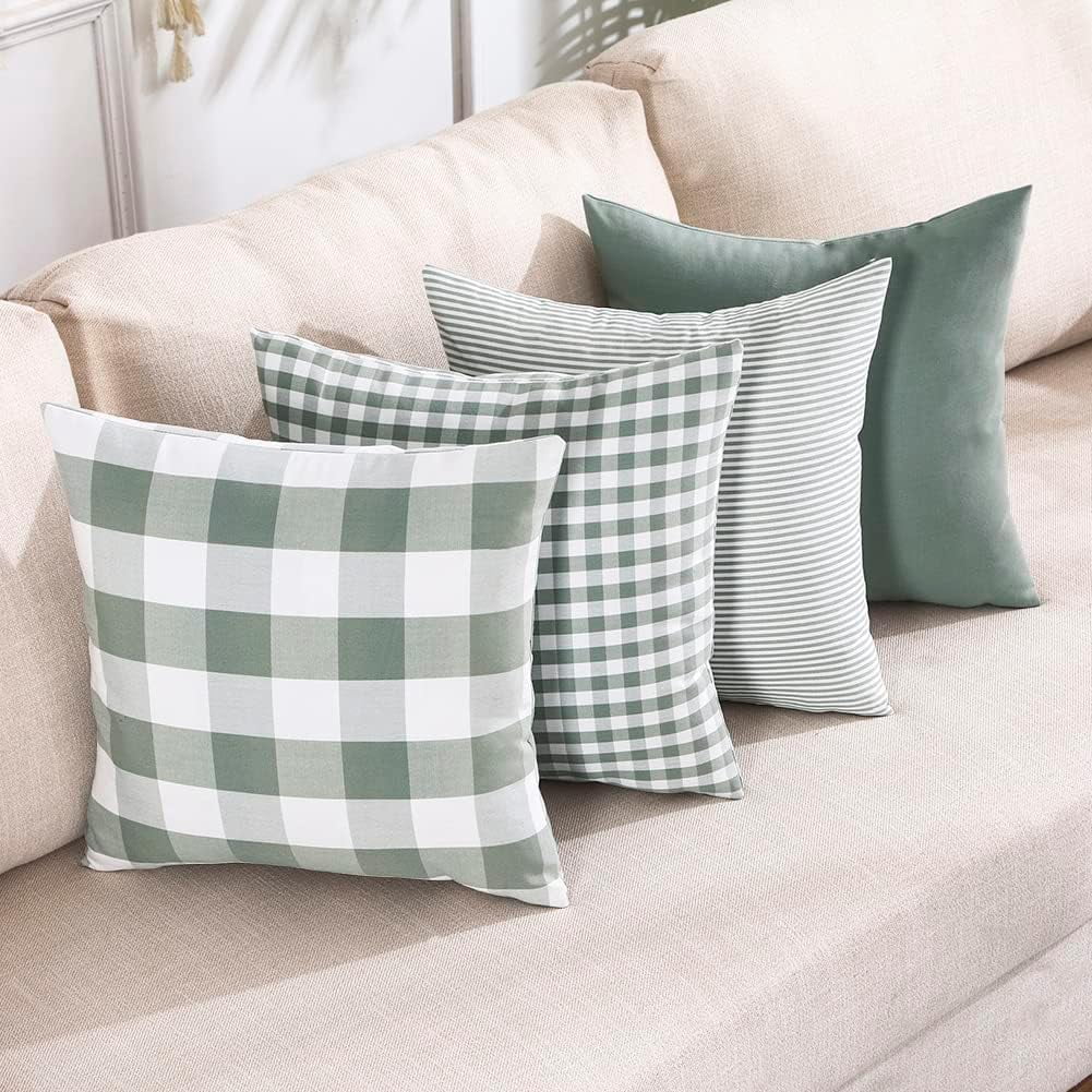 Light Blue Farmhouse Buffalo Plaid Pillow Covers 18x18 Set of 2 Patio Outdoor Decor Neutral Checkered Pillow Covers 18 x 18, Blue and White Gingham Pinstripe 18"x18", Set of 2 Greyish Green