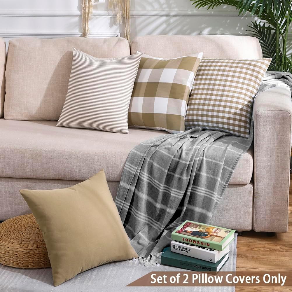 Light Blue Farmhouse Buffalo Plaid Pillow Covers 18x18 Set of 2 Patio Outdoor Decor Neutral Checkered Pillow Covers 18 x 18, Blue and White Gingham Pinstripe 18"x18", Set of 2 Khaki
