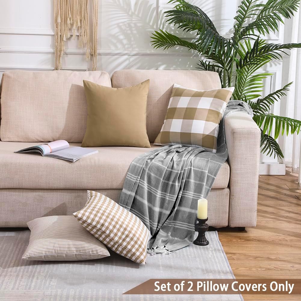 Light Blue Farmhouse Buffalo Plaid Pillow Covers 18x18 Set of 2 Patio Outdoor Decor Neutral Checkered Pillow Covers 18 x 18, Blue and White Gingham Pinstripe 18"x18", Set of 2 Khaki