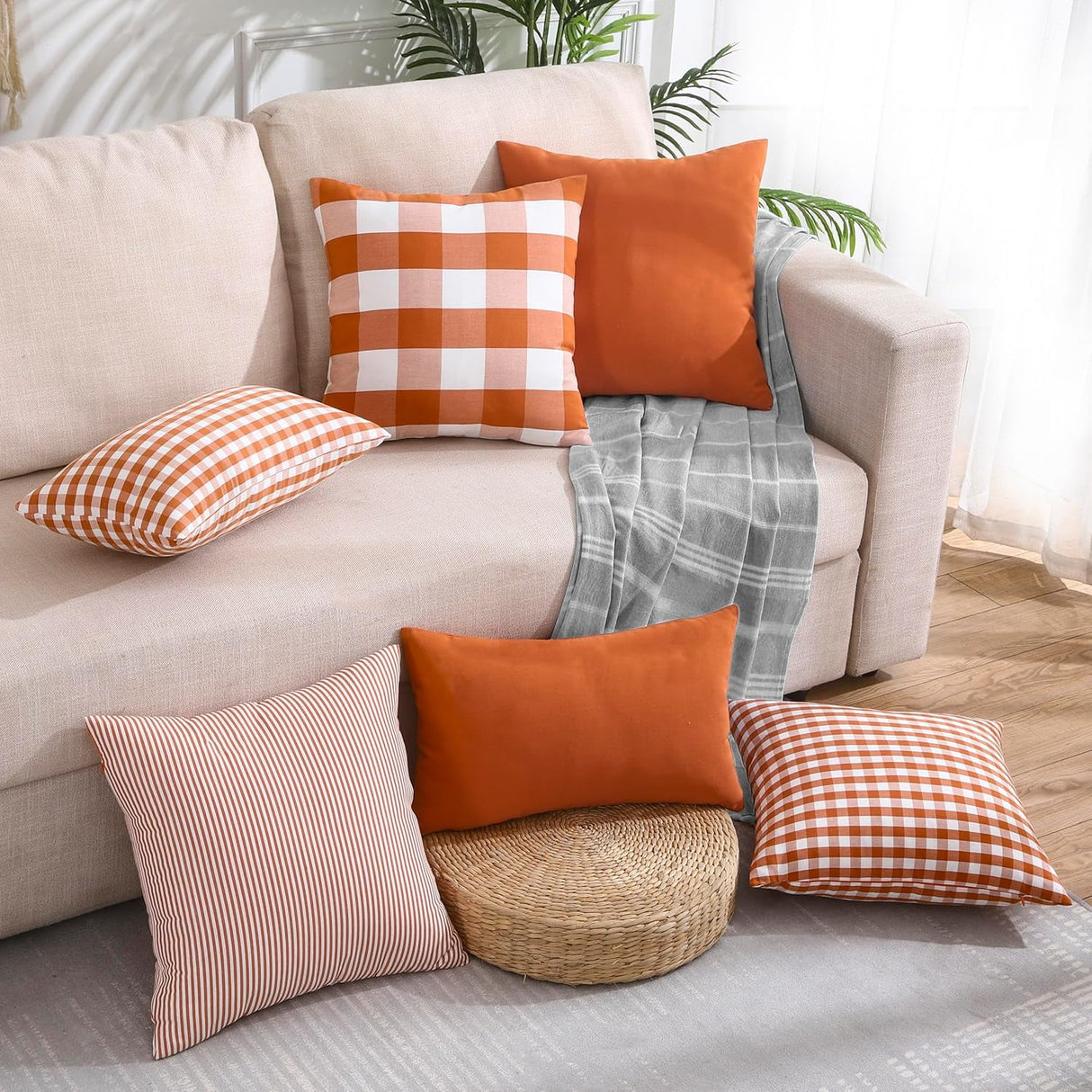 Light Blue Farmhouse Buffalo Plaid Pillow Covers 18x18 Set of 2 Patio Outdoor Decor Neutral Checkered Pillow Covers 18 x 18, Blue and White Gingham Pinstripe 18"x18", Set of 2 Orange