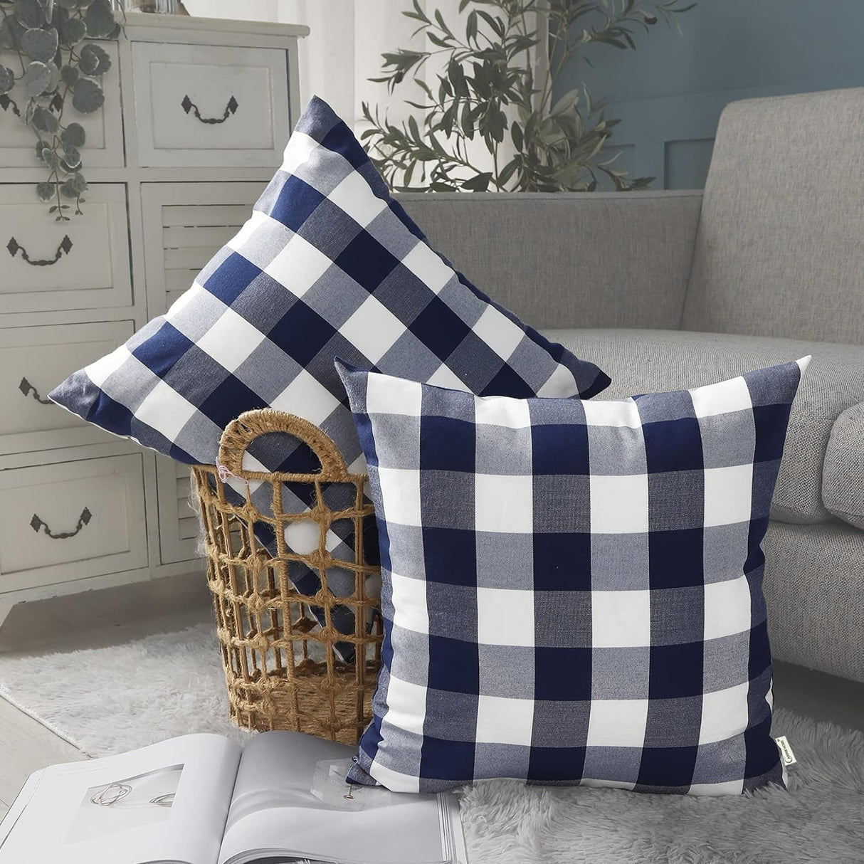 Light Blue Farmhouse Buffalo Plaid Pillow Covers 18x18 Set of 2 Patio Outdoor Decor Neutral Checkered Pillow Covers 18 x 18, Blue and White Gingham Plaid Check 18"x18", Set of 2 Orange