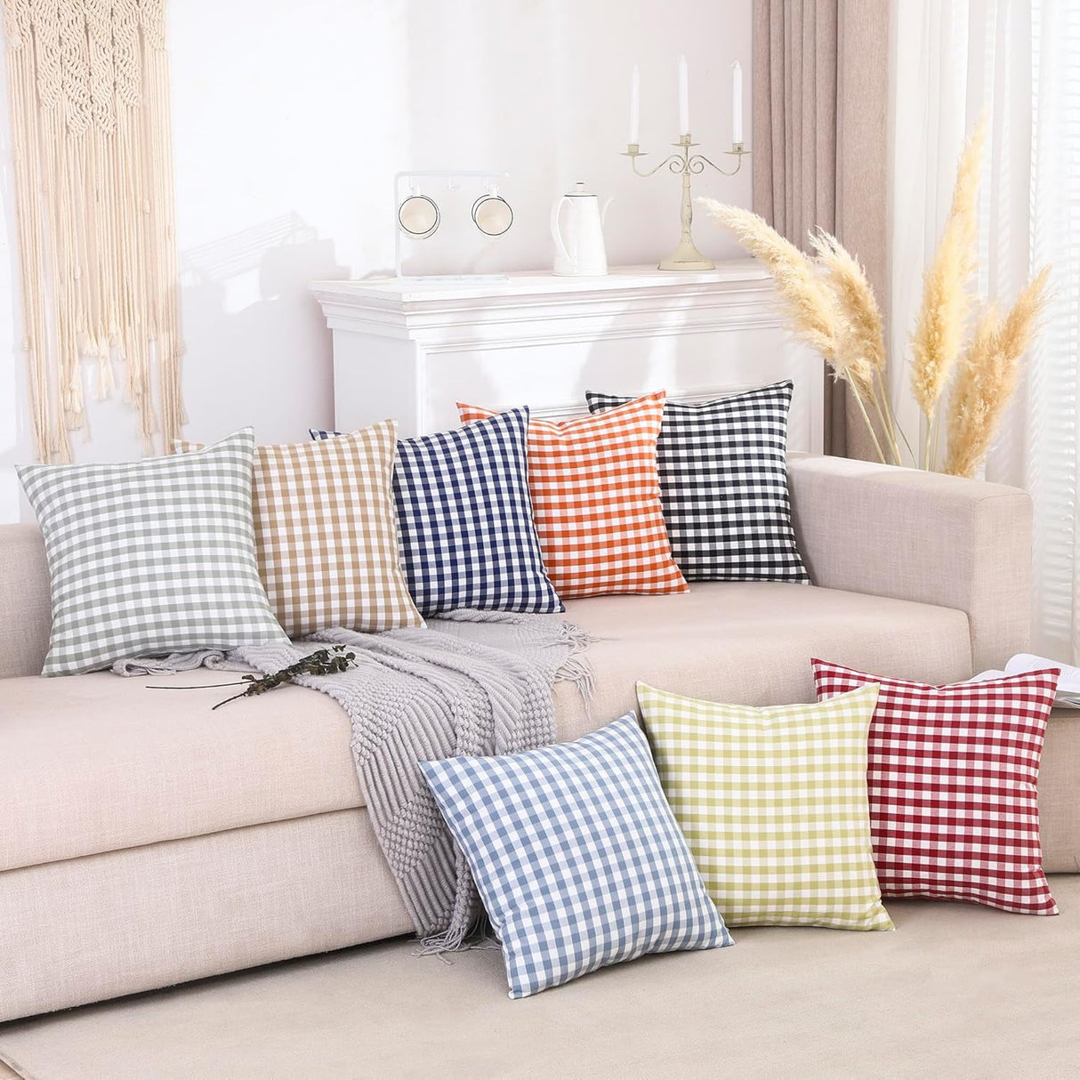 Light Blue Farmhouse Buffalo Plaid Pillow Covers 18x18 Set of 2 Patio Outdoor Decor Neutral Checkered Pillow Covers 18 x 18, Blue and White Gingham Plaid Gingham 18"x18", Set of 2 Orange