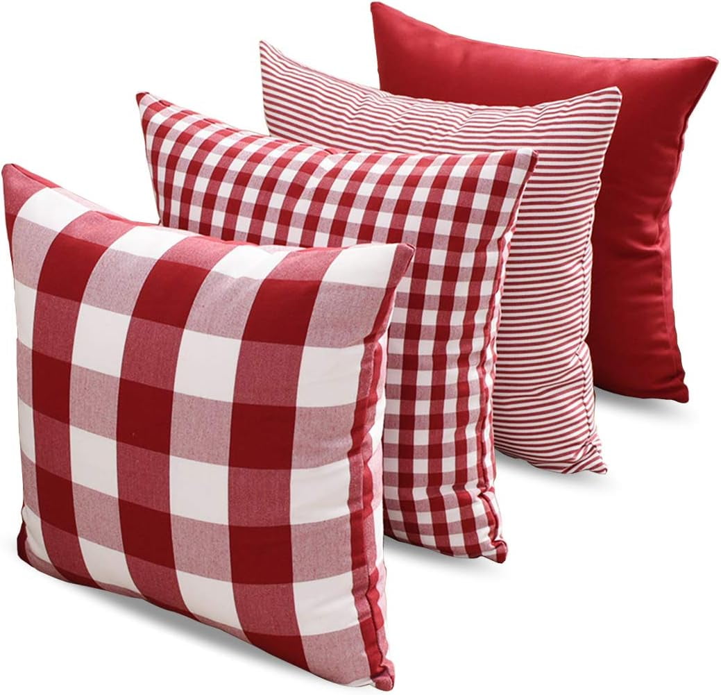 Light Blue Farmhouse Buffalo Plaid Pillow Covers 18x18 Set of 2 Patio Outdoor Decor Neutral Checkered Pillow Covers 18 x 18, Blue and White Gingham 18" x 18" Red