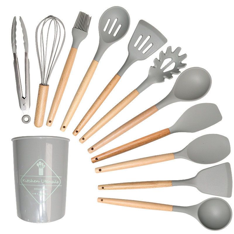 12 Pcs Silicone Cooking Kitchen Utensils Set with Holder, Wooden Handles Cooking Tool, Turner Pliers Spatula Spoon Kitchen Gadget Suit for Non-Stick Cookware, Women's Gifts 13×4 in Gray