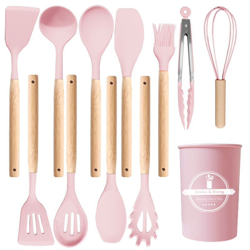 12 Pcs Silicone Cooking Kitchen Utensils Set with Holder, Wooden Handles Cooking Tool, Turner Pliers Spatula Spoon Kitchen Gadget Suit for Non-Stick Cookware, Women's Gifts 13×4 in Pink