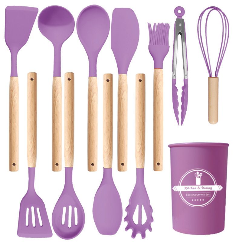 12 Pcs Silicone Cooking Kitchen Utensils Set with Holder, Wooden Handles Cooking Tool, Turner Pliers Spatula Spoon Kitchen Gadget Suit for Non-Stick Cookware, Women's Gifts 13×4 in Purple