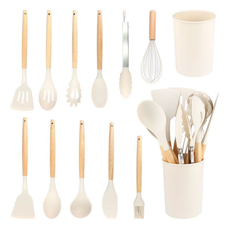 12 Pcs Silicone Cooking Kitchen Utensils Set with Holder, Wooden Handles Cooking Tool, Turner Pliers Spatula Spoon Kitchen Gadget Suit for Non-Stick Cookware, Women's Gifts 13×4 in White
