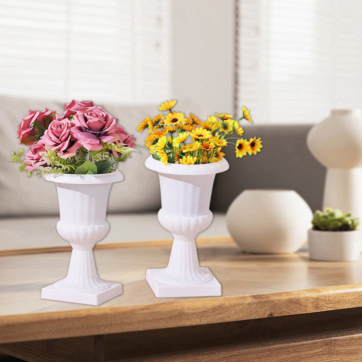 Darzheoy White Urn Planter Flower Pots, Classic Plastic Tall Planter, Wedding Party Porch Front Door Decorative 2 Pack B