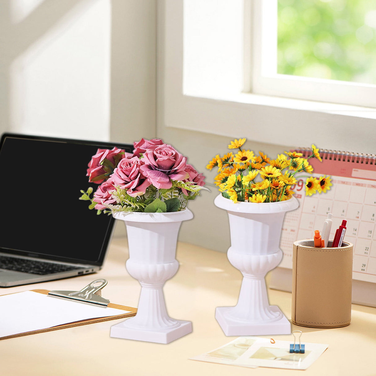 Darzheoy White Urn Planter Flower Pots, Classic Plastic Tall Planter, Wedding Party Porch Front Door Decorative 2 Pack B