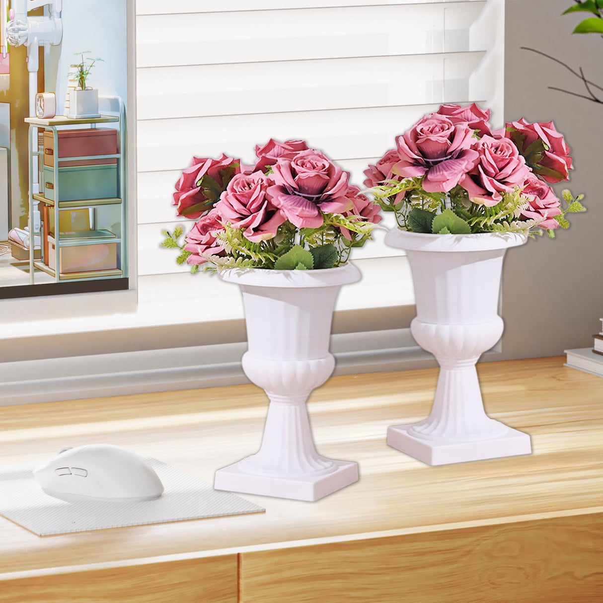 Darzheoy White Urn Planter Flower Pots, Classic Plastic Tall Planter, Wedding Party Porch Front Door Decorative 2 Pack B