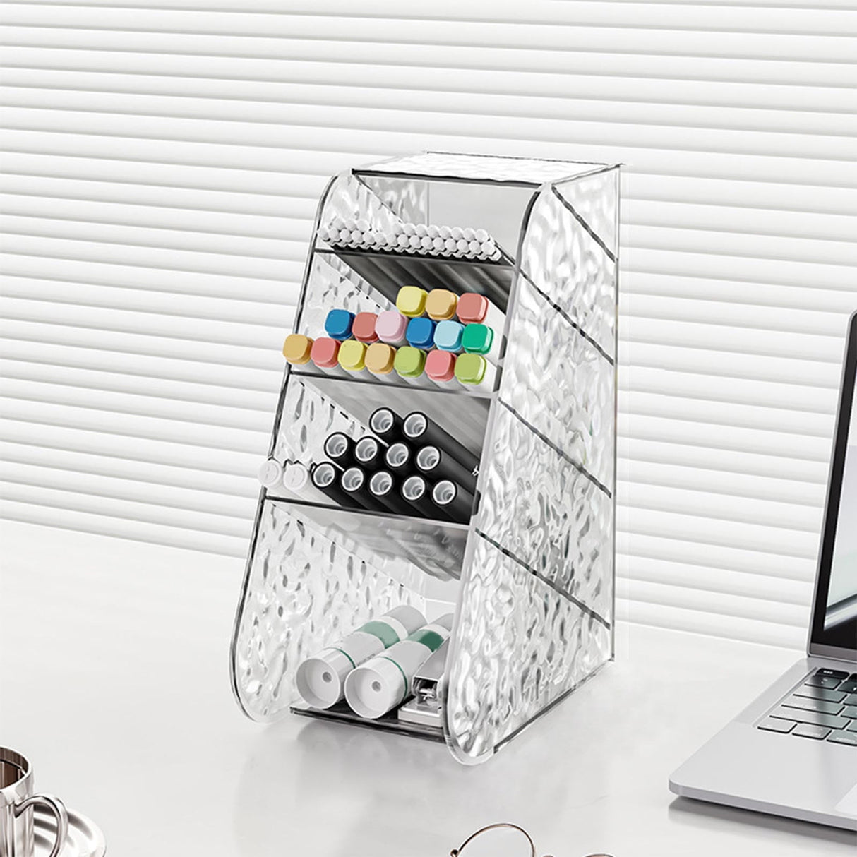 Kdkad Slanted Desktop Organizer - Clear Acrylic Pen Holder w/ Angled Slots, Cosmetic Brush Storage & Office Supply Tray for Desk (Multi-Use Stationery Box)\u200b\u200b M White