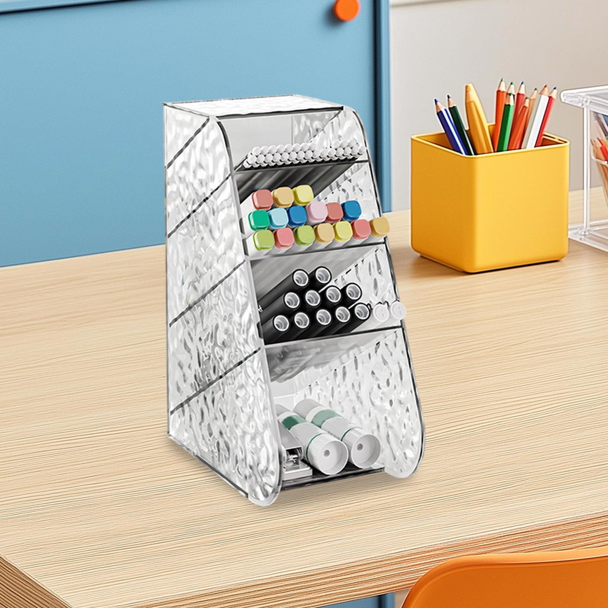 Kdkad Slanted Desktop Organizer - Clear Acrylic Pen Holder w/ Angled Slots, Cosmetic Brush Storage & Office Supply Tray for Desk (Multi-Use Stationery Box)\u200b\u200b M White