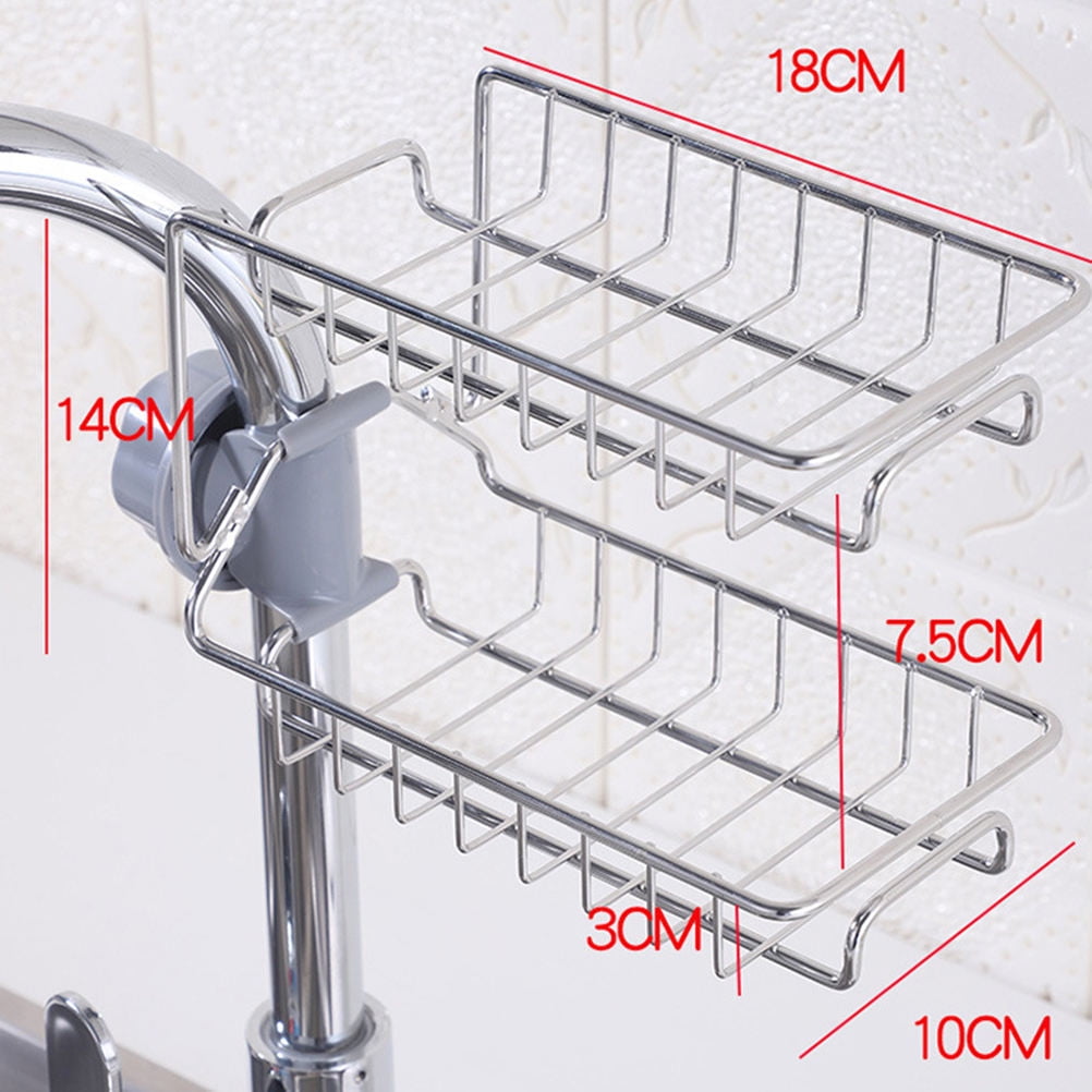 HOOWIFFY Silver Stainless Steel Faucet Storage Rack Adjustable Sponge Holder for Draining Kitchen Sink 7.5x3.5x4.7 Inches