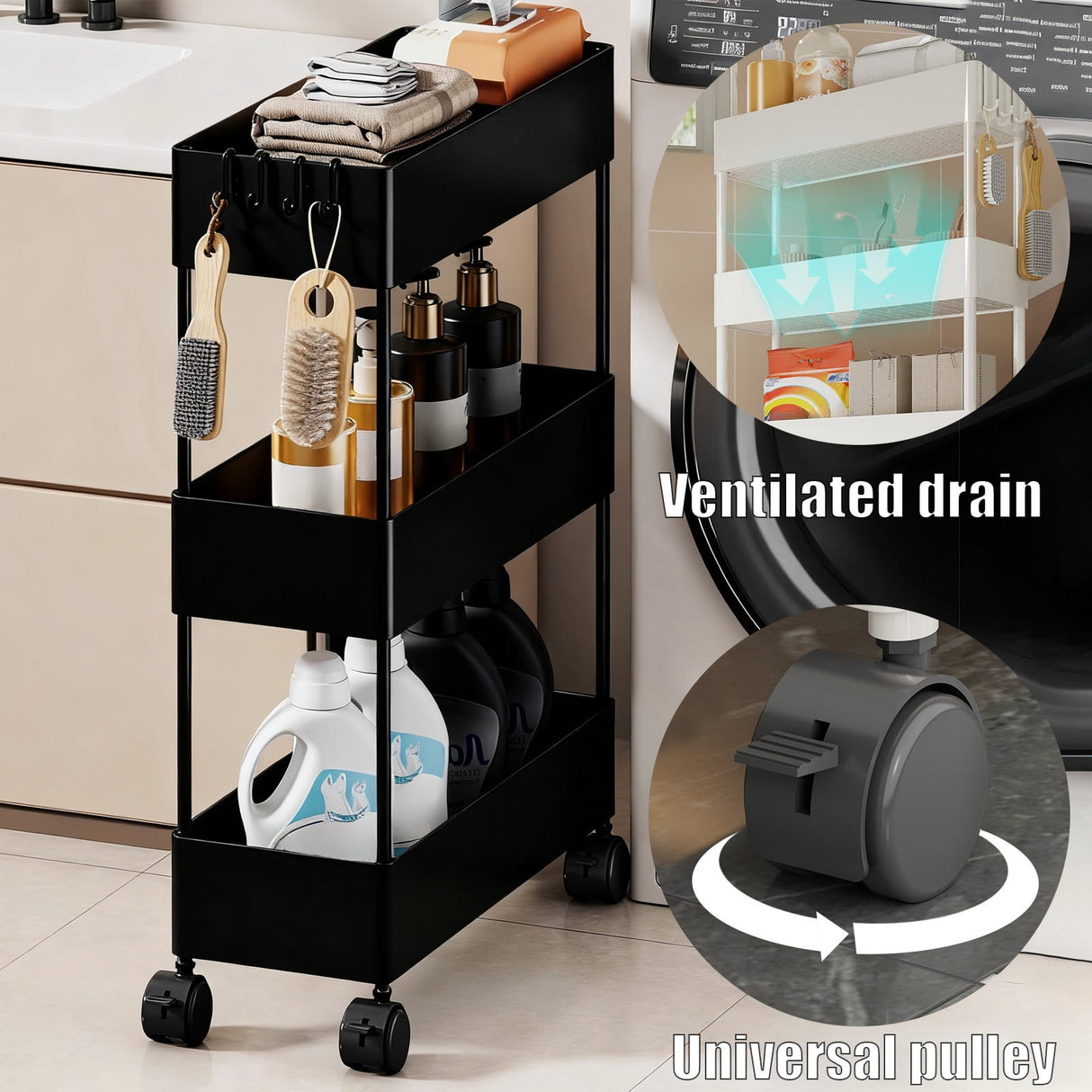Kdkad Slim Space Saver Rolling Cart, 4.7-Inch Wide Storage Organizer with Wheels for Bathroom, Laundry Room, Between Washer & Toilet, 3-Tier Slim Design Black