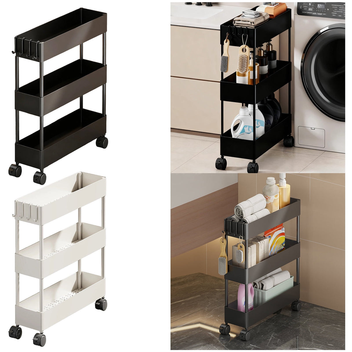 Kdkad Slim Space Saver Rolling Cart, 4.7-Inch Wide Storage Organizer with Wheels for Bathroom, Laundry Room, Between Washer & Toilet, 3-Tier Slim Design White