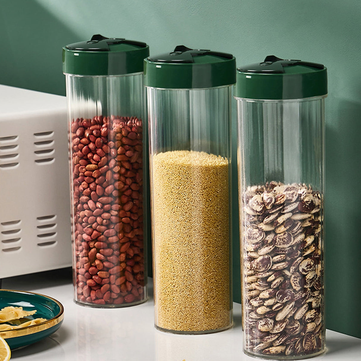 Chmadoxn Storage Container With Lid, Tall Clear Airtight Food Storage Jar with Lid Kitchen Pantry Storage Container for Spaghetti Jars Flour Cereals Coffee Beans As Show Green
