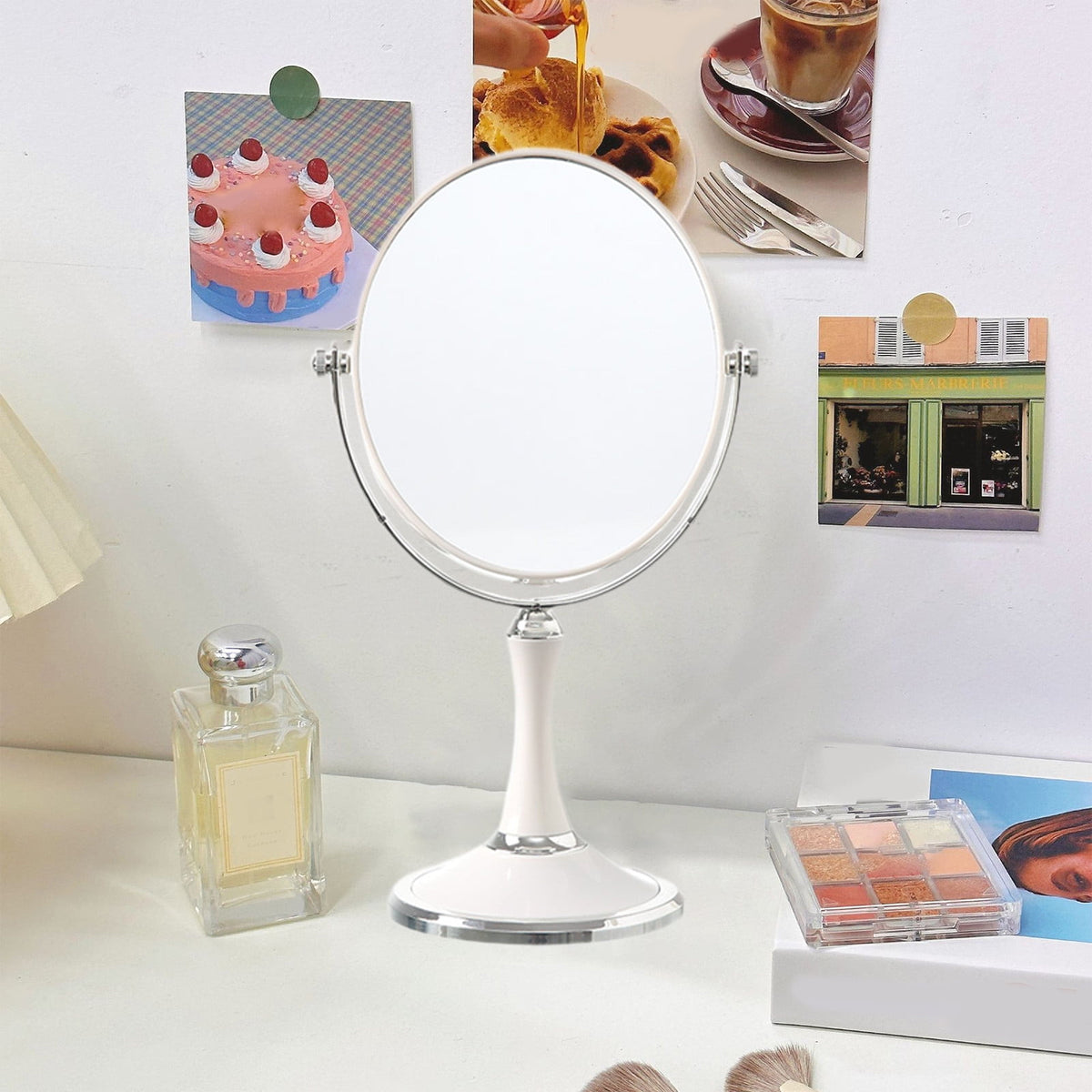 Back to School Magnifying Makeup Mirror Double Sided Tabletop Mirror with 3 Magnification, Magnified Desk Mirror for Makeup, Cosmetic Vanity Mirror with Stand and 360° Rotation 5.9×11.4 in White