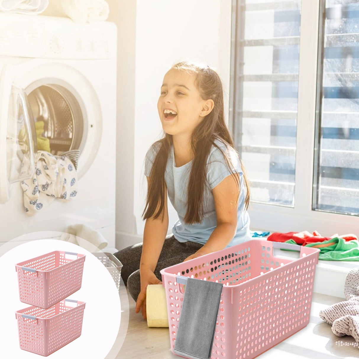 Darzheoy Laundry Basket, 2 pcs Plastic Hamper with Handles, Open Storage Bin to Organize Closets, Cabinets, Pantry, Shelving and Countertop Space, Suitable for Families and Dorms 3PC-Pink