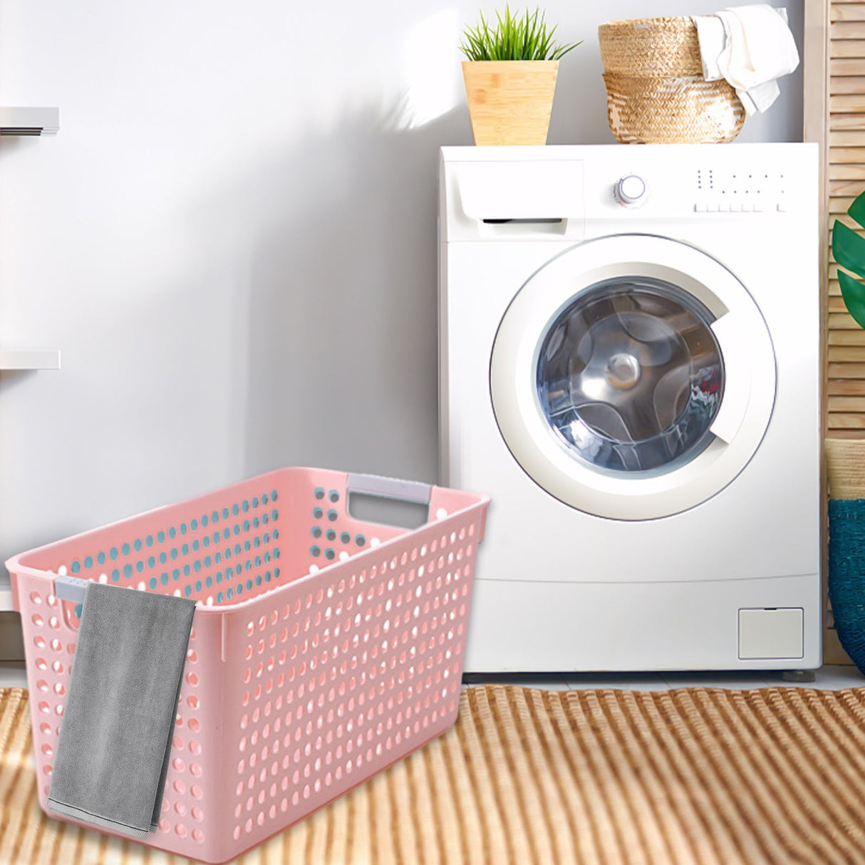 Darzheoy Laundry Basket, 2 pcs Plastic Hamper with Handles, Open Storage Bin to Organize Closets, Cabinets, Pantry, Shelving and Countertop Space, Suitable for Families and Dorms 3PC-Pink
