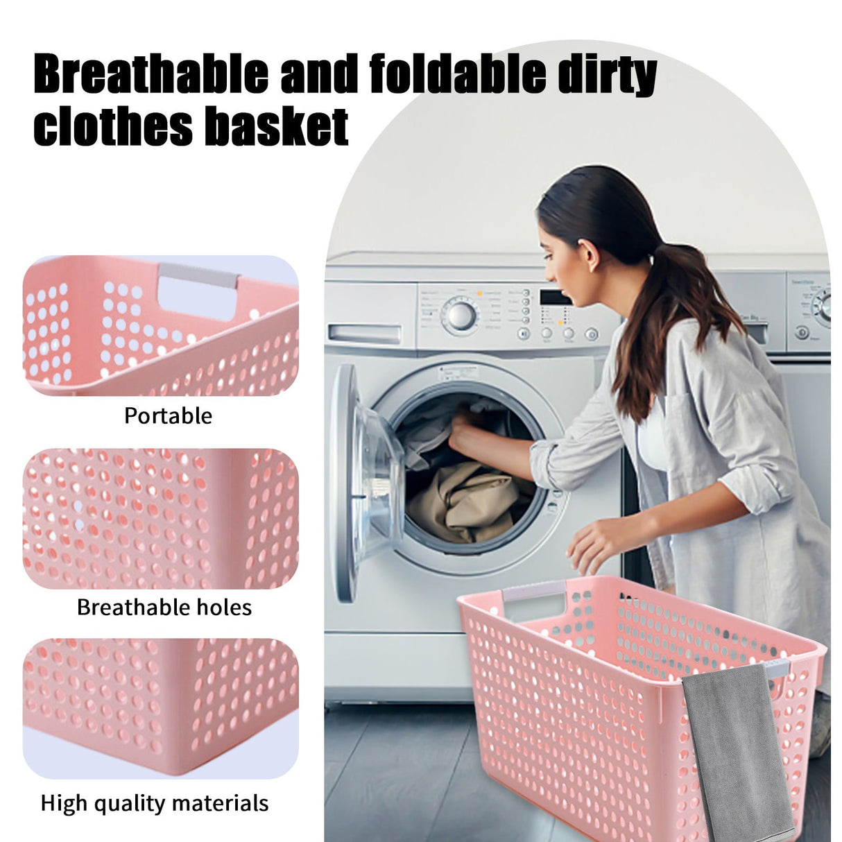 Darzheoy Laundry Basket, 2 pcs Plastic Hamper with Handles, Open Storage Bin to Organize Closets, Cabinets, Pantry, Shelving and Countertop Space, Suitable for Families and Dorms 3PC-Pink