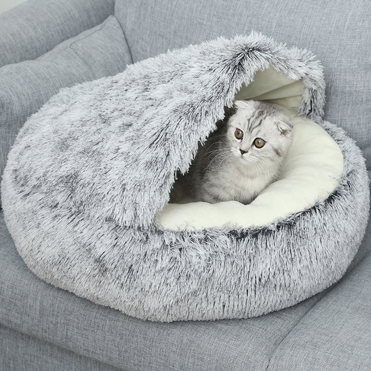 Darzheoy Calming Dog Beds & Cat Cave Bed with Hooded Cover, Removable Washable Round Beds for Small Medium Pets, Anti-Slip Plush Coved Bed for Pet (20"x20") P