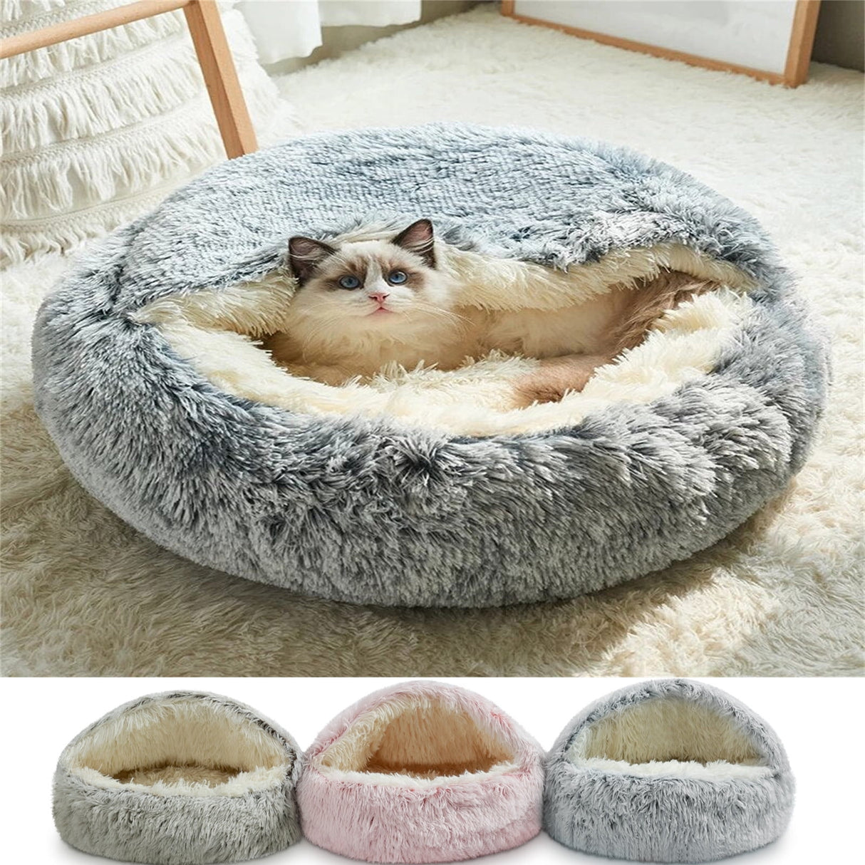 Darzheoy Cat Bed Round Plush Hooded Cat Bed Cave, for Indoor Cats or Small Dog Beds, Calming Pet Beds Calm Anti-nxiety Dog Bed, Waterproof Bottom Washable (16"x16") Purple