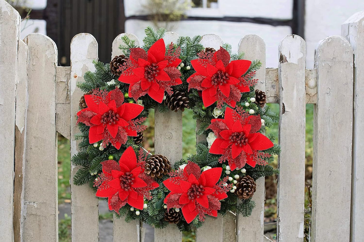 10 Pcs Christmas Glitter Artificial Poinsettia Flowers 6inch Christmas Wreath Christmas Tree Flowers Ornaments Holiday