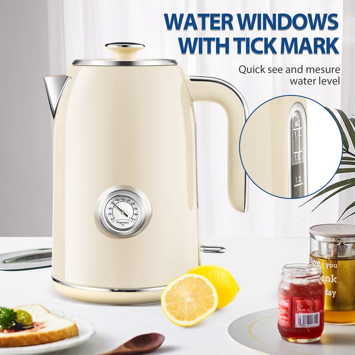 Electric Kettle, 1.7L Stainless Steel Tea Kettle with Temperature Gauge, Water Boiler with LED Light, BPA-Free, Auto Shut-Off