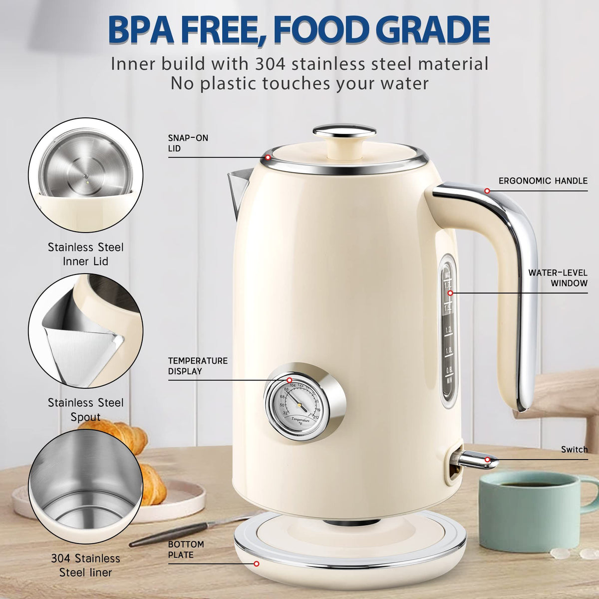 Electric Kettle, 1.7L Stainless Steel Tea Kettle with Temperature Gauge, Water Boiler with LED Light, BPA-Free, Auto Shut-Off