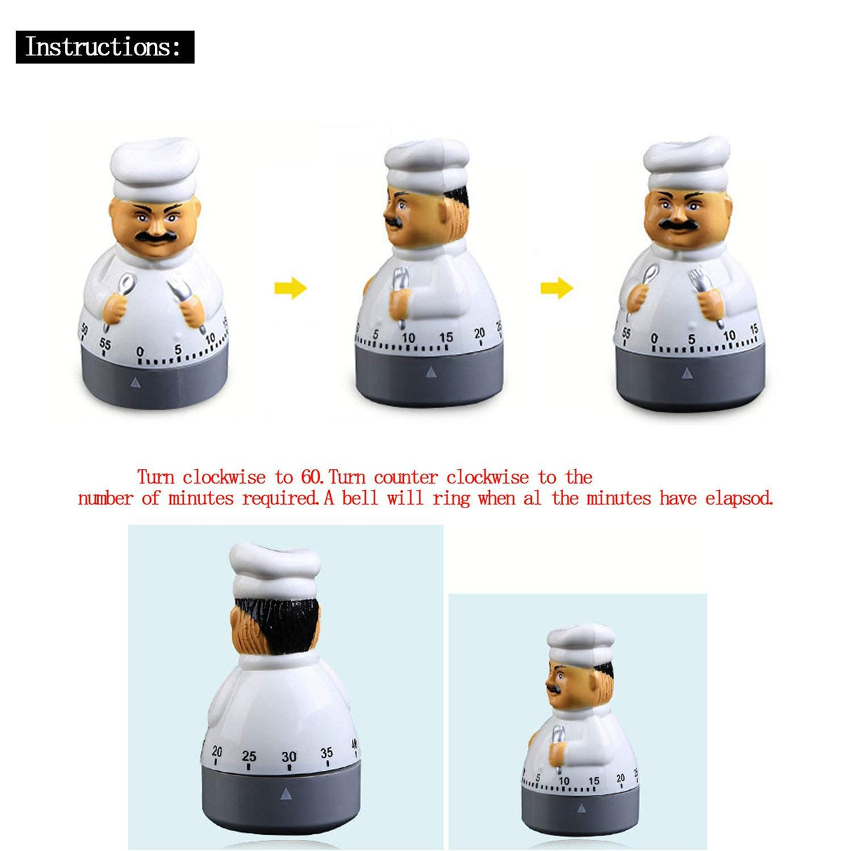 Kitchen Timer Cooking Countdown Mechanical Timer 60 Minutes Chef Shaped Alarm Clock, Can be Used for Cooking, School, Lunch Break