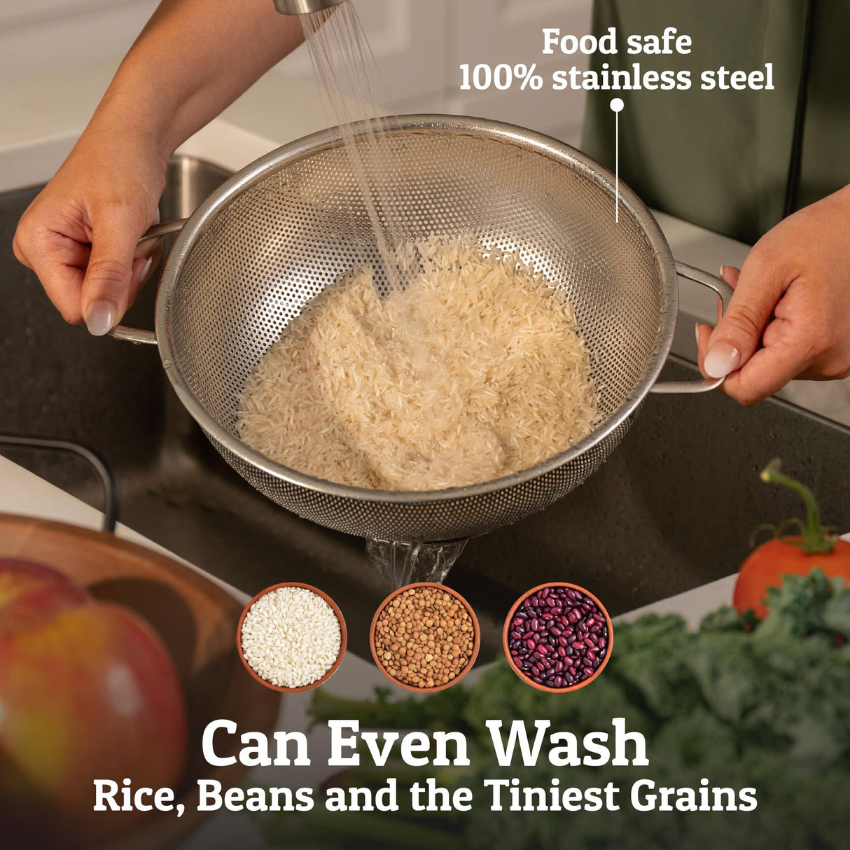 Stainless Steel Kitchen Strainer For Washing Rice, Pasta And Small Grains fruits or strain rice faster than ever