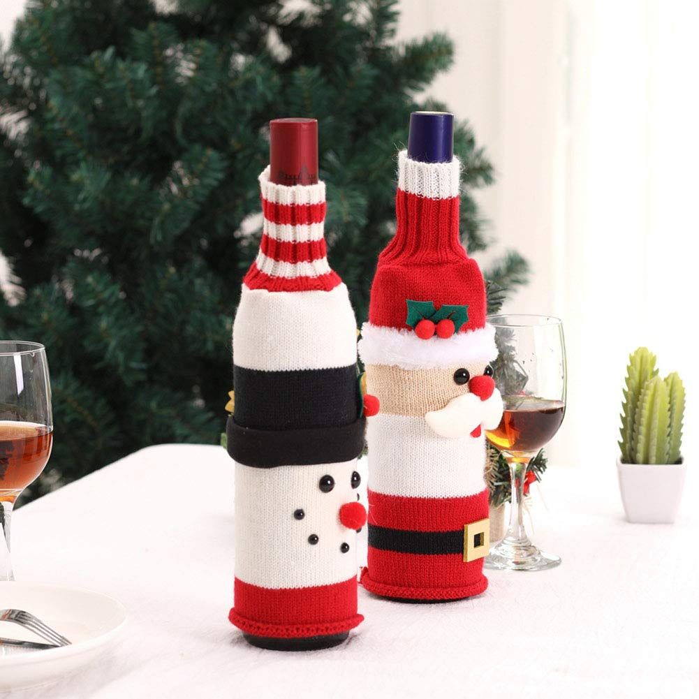 Christmas Wine Bottle Cover,Santa Claus Wine Bottle Toppers Handmade Wine Bottle Sweater Christmas Wine Bottle Decoration(2pcs)