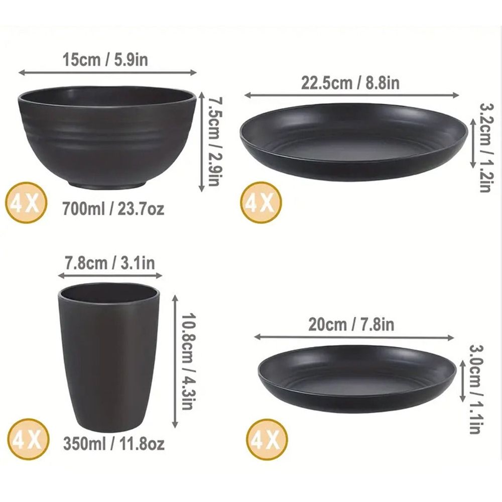 Plates and Bowls Sets, Unbreakable Dinnerware Sets, Dish Set for Camping, Outdoor Kitchen and Apartment Dorm Dinning Essentials (Black Set of 16)