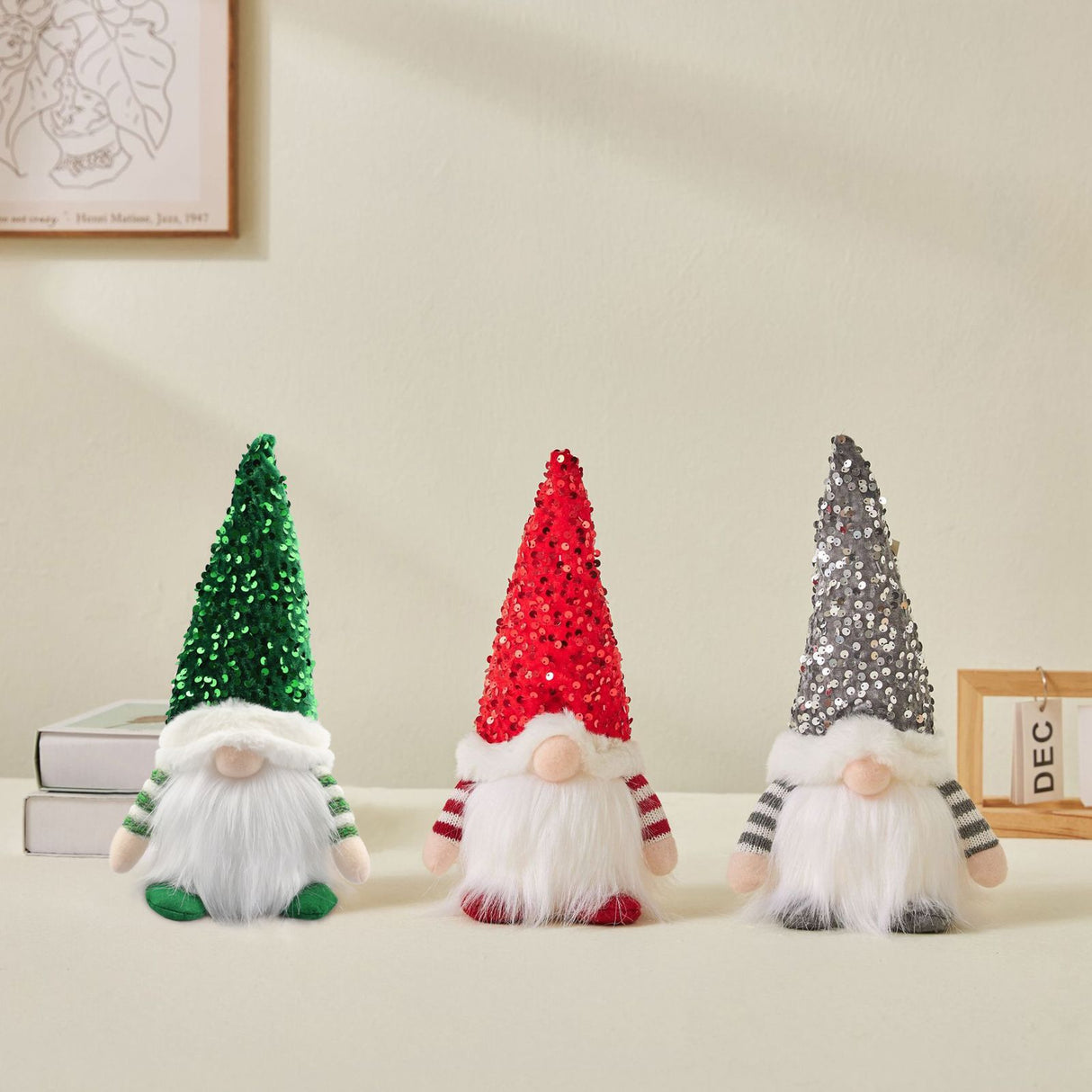 Lighted Christmas Gnome, Handmade Sequins Hat , Light Up Plush Elf Toy Holiday Present, Battery Operated Winter Tabletop Christmas Decorations,3 pcs(red,gray,green)Single size 30 * 16cm