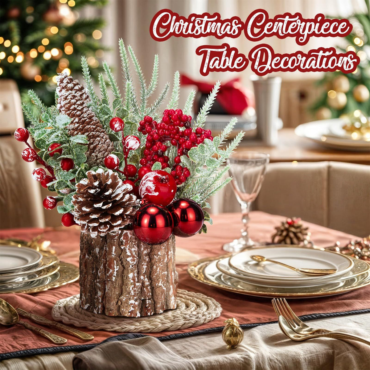 Christmas Decorations Indoor, Christmas Centerpiece Table Decorations, Small Artificial Tabletop/Desk Christmas Tree with Xmas Ornaments Pinecone Berry for Home Farmhouse Décor (35*10cm)