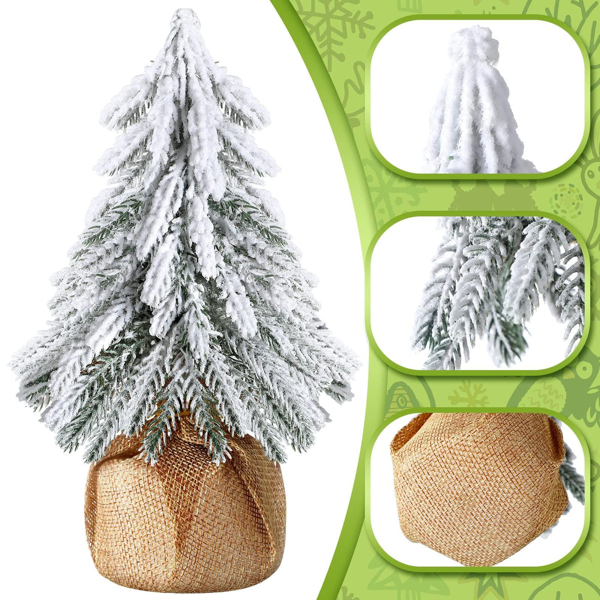 3 Pcs Snow Tabletop Christmas Trees, Snow Flocked Mini Tabletop Pine Trees with Wooden Base,Artificial Desk Christmas Trees for Xmas Holiday Home Party Table Decorations(22cm)