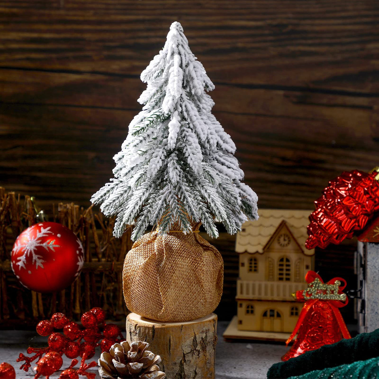 3 Pcs Snow Tabletop Christmas Trees, Snow Flocked Mini Tabletop Pine Trees with Wooden Base,Artificial Desk Christmas Trees for Xmas Holiday Home Party Table Decorations(22cm)