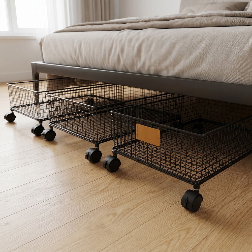 Storage for Under Bed Black Metal Rolling Container with Stackable Multilayer Design