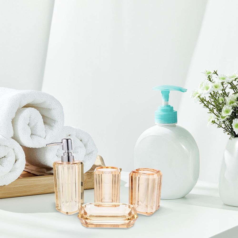 Bathroom Accessories Set, Golden Acrylic, Stainless Steel, Soap Dispenser, Toothbrush Holder 1Set
