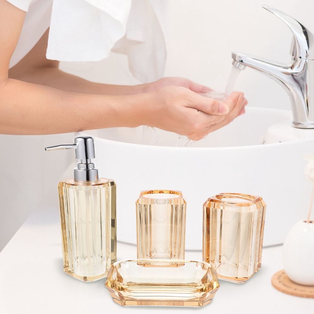 Bathroom Accessories Set, Golden Acrylic, Stainless Steel, Soap Dispenser, Toothbrush Holder 1Set