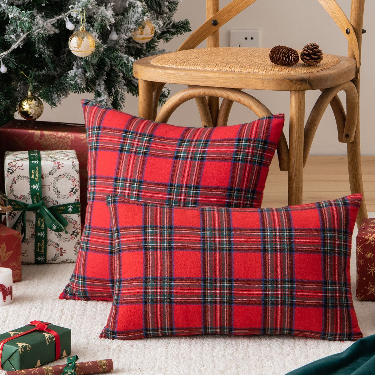 Pack of 2 Christmas Plaid Decorative Throw Pillow Covers Scottish Tartan Cushion Case for Farmhouse Home Holiday Decor Red, 18 x 18 Inches
