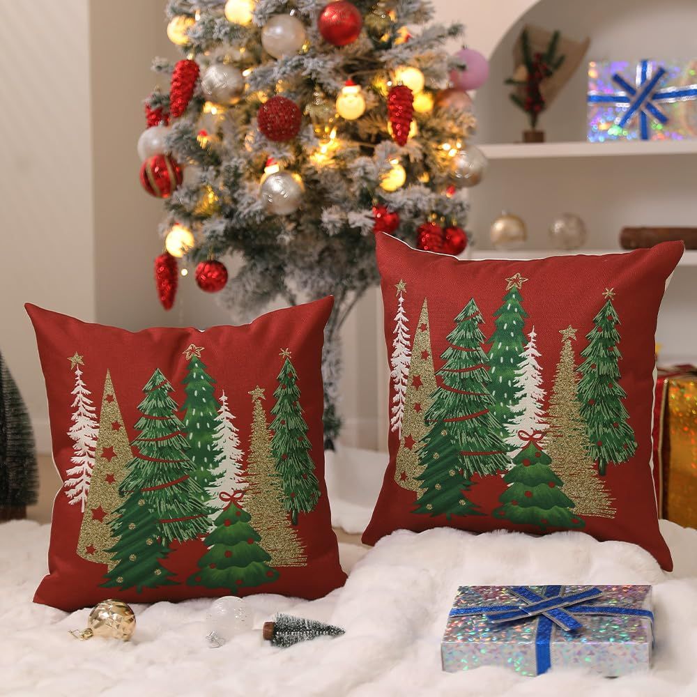 Christmas Pillow Covers 18x18 Inch Set of 2 Xmas Tree Decorative Red Throw Pillows Winter Christmas Decor for Home Couch
