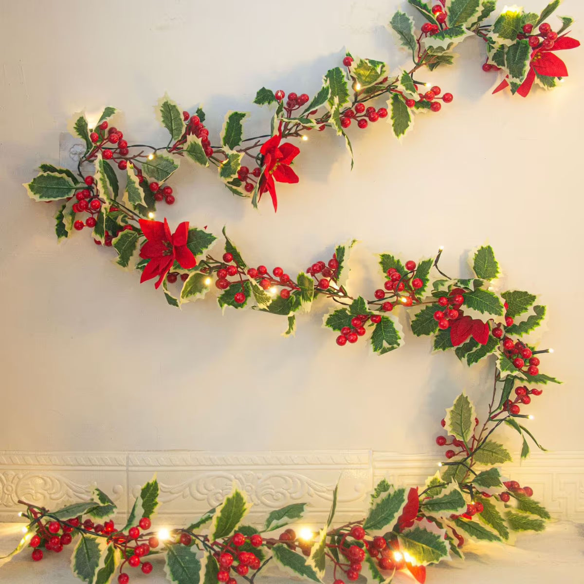 6 FT Pre-lit Artificial Christmas Garland with 20 LED Lights, Battery Powered with Pine Cones, Red Berries, Pine Needles, Lighted Christmas Wreath for Holiday Party, Xmas Tree Decorations
