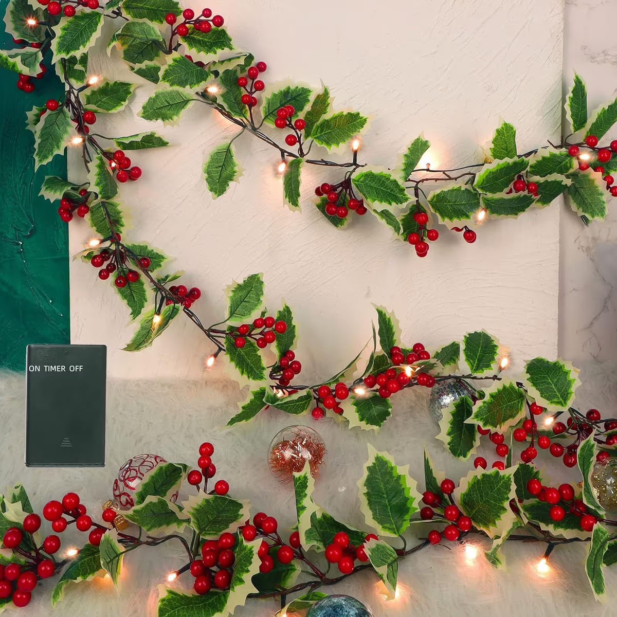 6 FT Pre-lit Artificial Christmas Garland with 20 LED Lights, Battery Powered with Pine Cones, Red Berries, Pine Needles, Lighted Christmas Wreath for Holiday Party, Xmas Tree Decorations