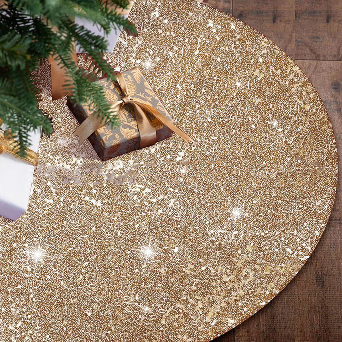 Sequin Christmas Tree Skirt 35 Inch Glitter Tree Skirt Velvet Xmas Tree Skirt for Halloween Ornaments Sparkly Tree Cover Mat Soft Fabric Tree Base Cover Large Tree Blanket Gold