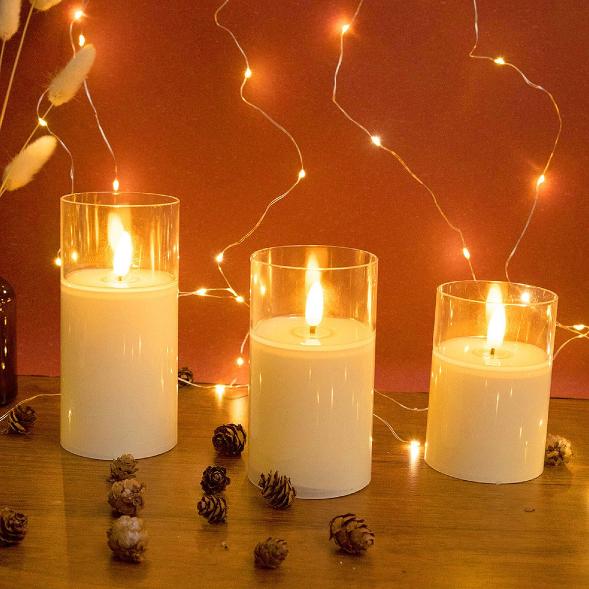 Flickering Flameless Candles, Battery Operated Candles with 3D Wick, Rechargeable Candle Real Wax White Glass, Home Decor (L)