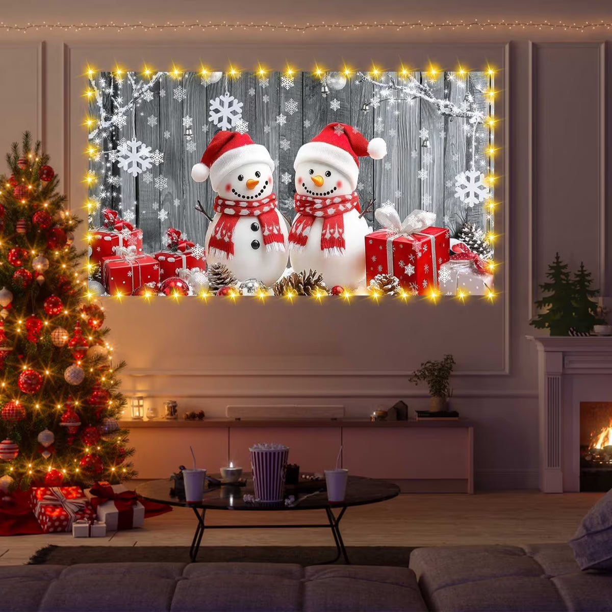 Christmas Garage Door Decorations Garage Door Banner with LED Light String 82.6 x 94.4in Large Garage Door Cover Christmas Backdrop Decoration for Xmas Holiday Winter Party (Snowman)