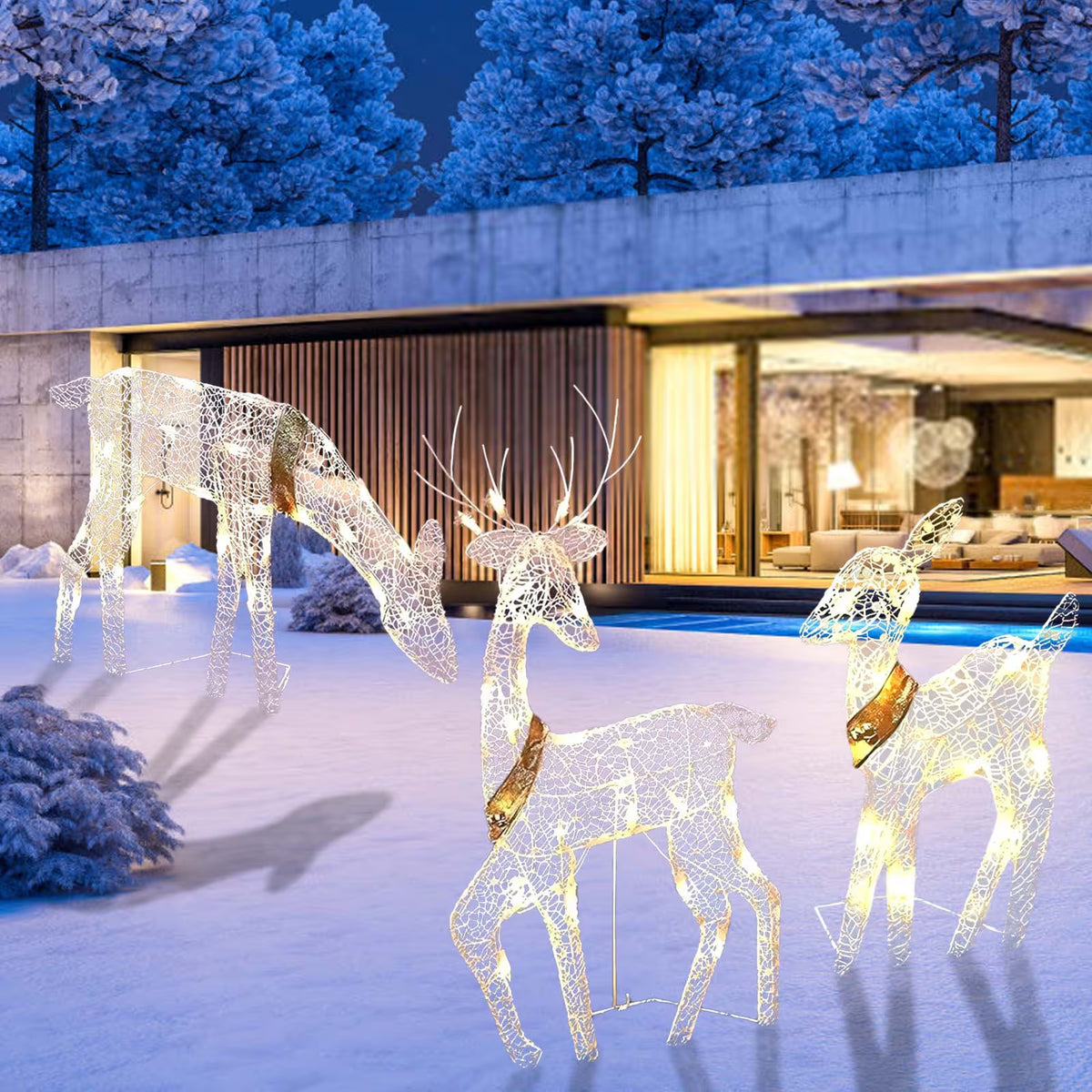 3-Piece LED Lighted Christmas Deer Outdoor Yard Decorations, 3D Super Large Christmas Reindeer Decor, Outdoor Lighted Holiday Deer with 360 LED Displays for Front Yards Garden Lawn Patio